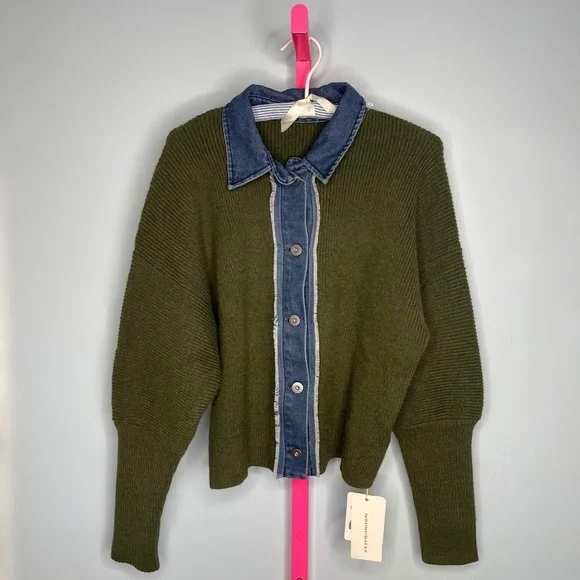 Commense Navy Green Panel Breasted Stretch Lapel Knit Top size medium - Picture 2 of 6